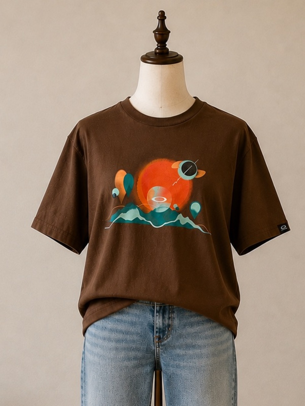 Oakley Art of Oakley Brown Graphic T-Shirt L Y2K Gorpcore Retro Futuristic